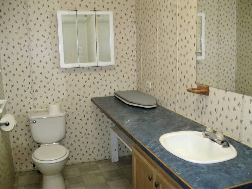 A bathroom with a sink toilet and a mirror

Description automatically generated with medium confidence